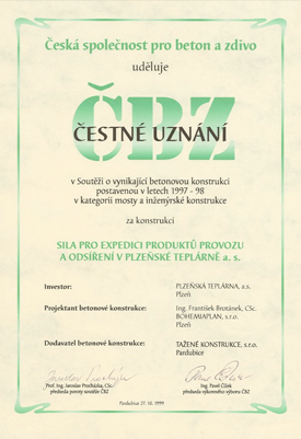 certifikát čestné uznání české společnosti pro beton a zdivo